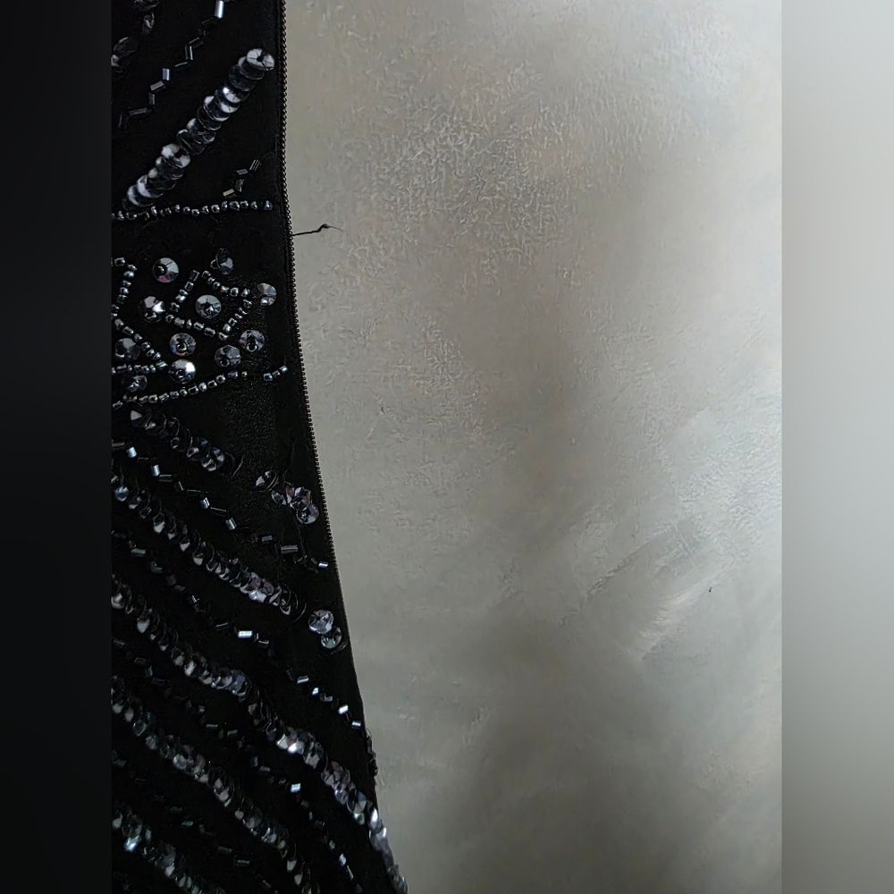 Black Fully Sequin Beaded Flapper Style Cocktail Dress Sleeveless Silk Sz 14 - Picture 13 of 16